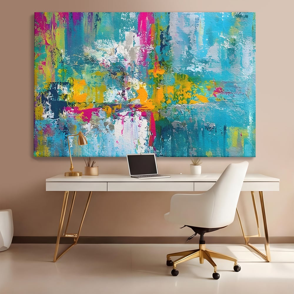 Tablou canvas cu pictura abstracta cu pete albastre si galbene, fara rama, pe sasiu de lemn, pe perete intr-un birou